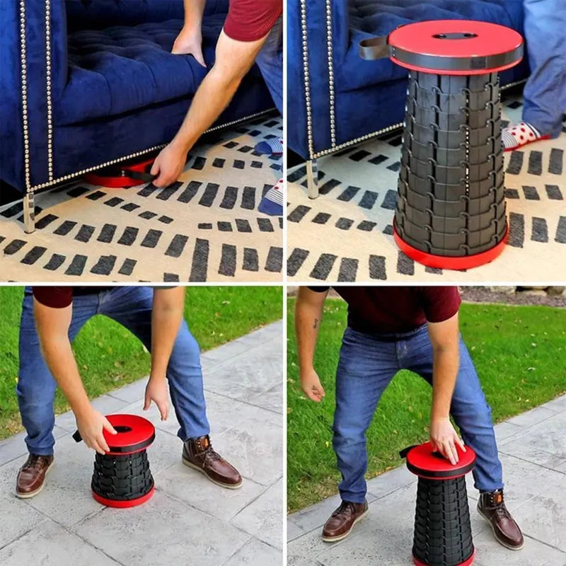 Tragbarer, ausziehbarer Hocker, schwarz-rot, faltbar, für Camping und Outdoor-Aktivitäten.