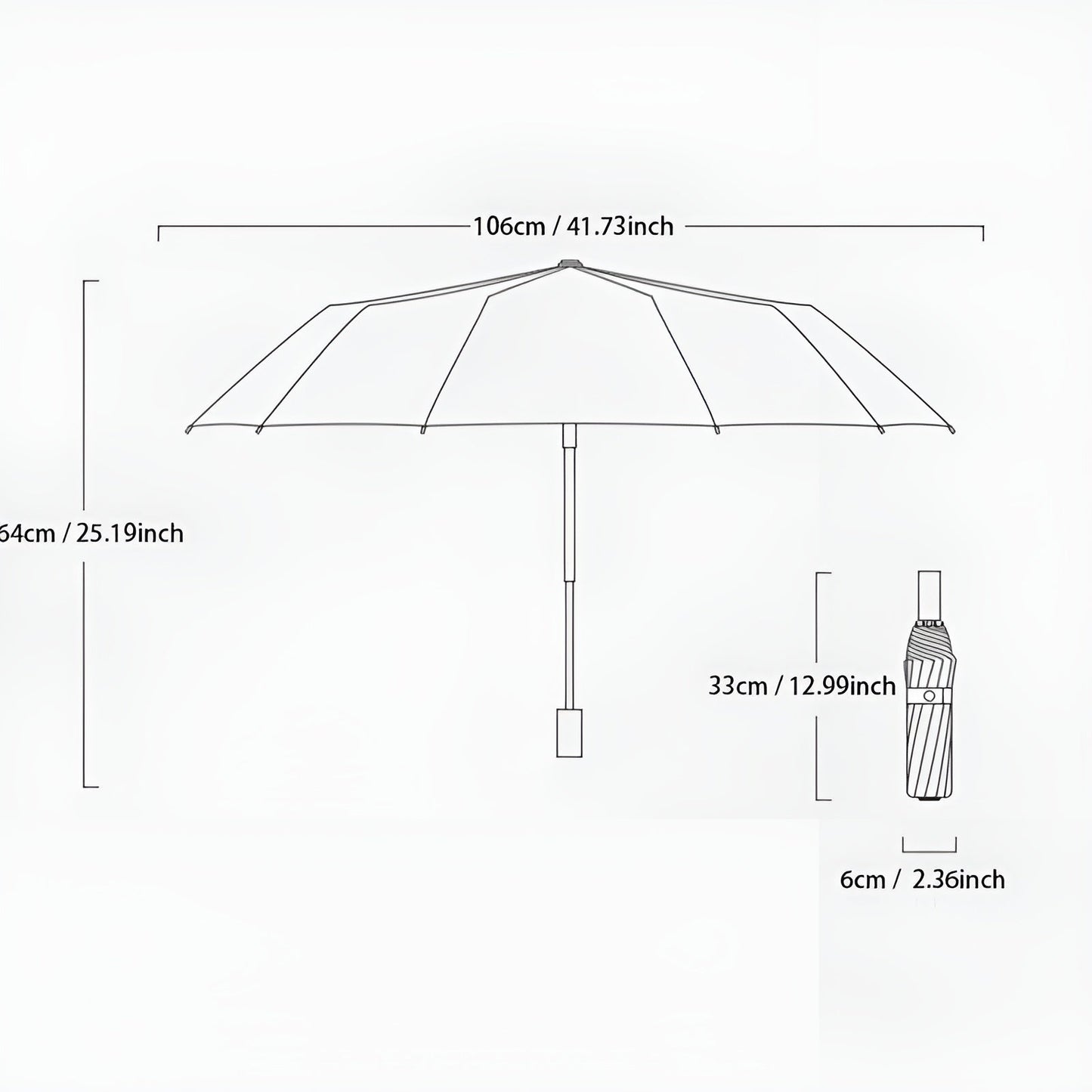 Zusammenklappbarer Regenschirm, schwarz-weiß gestreift, 106 cm Durchmesser, kompakt, leicht.