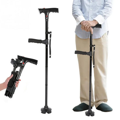 Zusammenklappbarer Gehstock, schwarz, verstellbar, ergonomisch, für Senioren, rutschfester Griff.