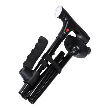 Schwarzer faltbarer Gehstock mit LED-Licht, ergonomischem Griff, rutschfest, leicht.