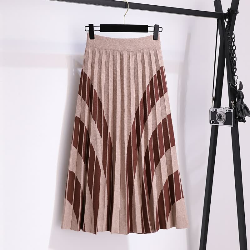 Beiger und brauner Faltenrock, knielang, aus Baumwolle, elegant, für Damenmode.