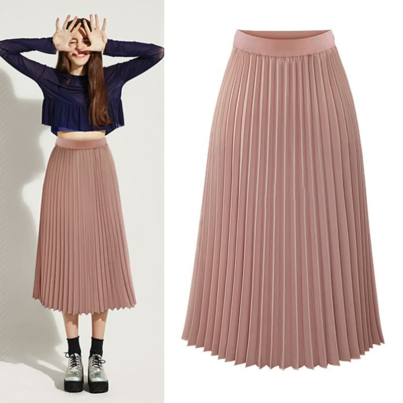 Faltenrock Damen, rosa, knielang, elegant, Plissee, modisch, Freizeitkleidung, Polyester.