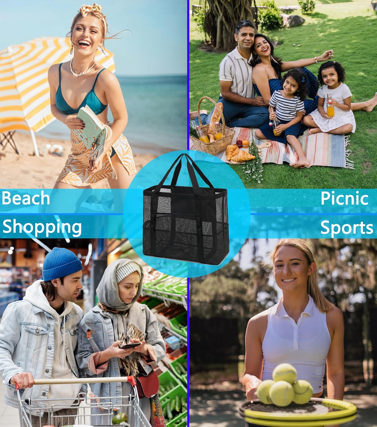 Köp 1, få 1 GRATIS – extra stor genomskinlig mesh-strandväska med 8 fickor – ClearWave