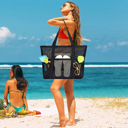 Köp 1, få 1 GRATIS – extra stor genomskinlig mesh-strandväska med 8 fickor – ClearWave