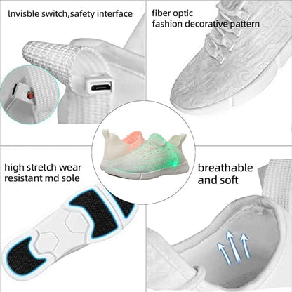 Weiße LED-Sneaker mit Faseroptik, atmungsaktiv, hohe Dehnbarkeit, rutschfeste Sohle.