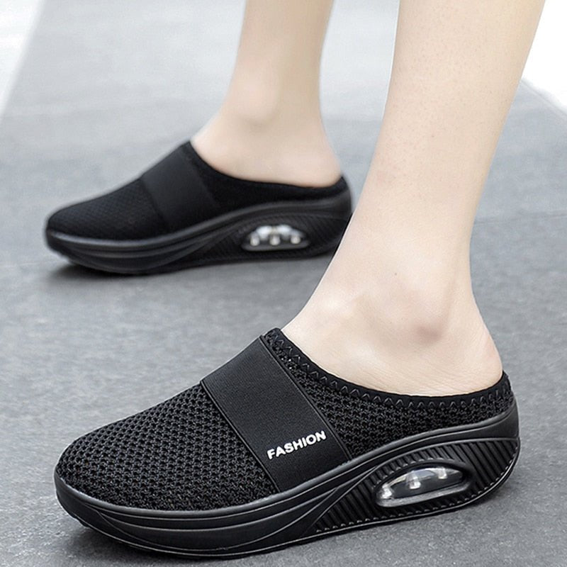 Schwarze orthopädische Diabetes-Schuhe, atmungsaktiv, bequem, rutschfest, für Damen.
