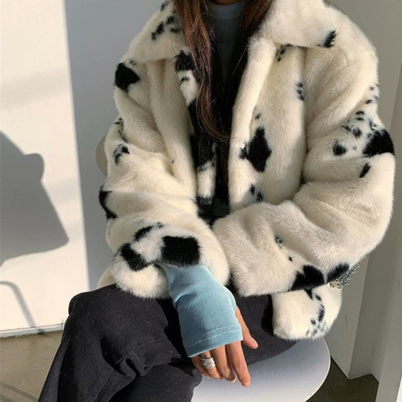 Damenjacke aus Kunstpelz, weiß mit schwarzen Flecken, modisch, warm, Winterbekleidung.