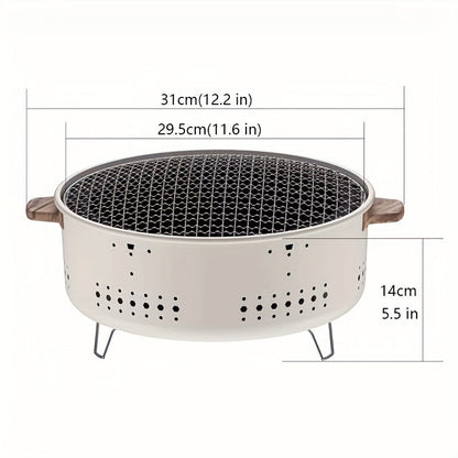 Runder Tischgrill aus Metall, weiß, mit Holzgriffen, 31 cm Durchmesser, tragbar.