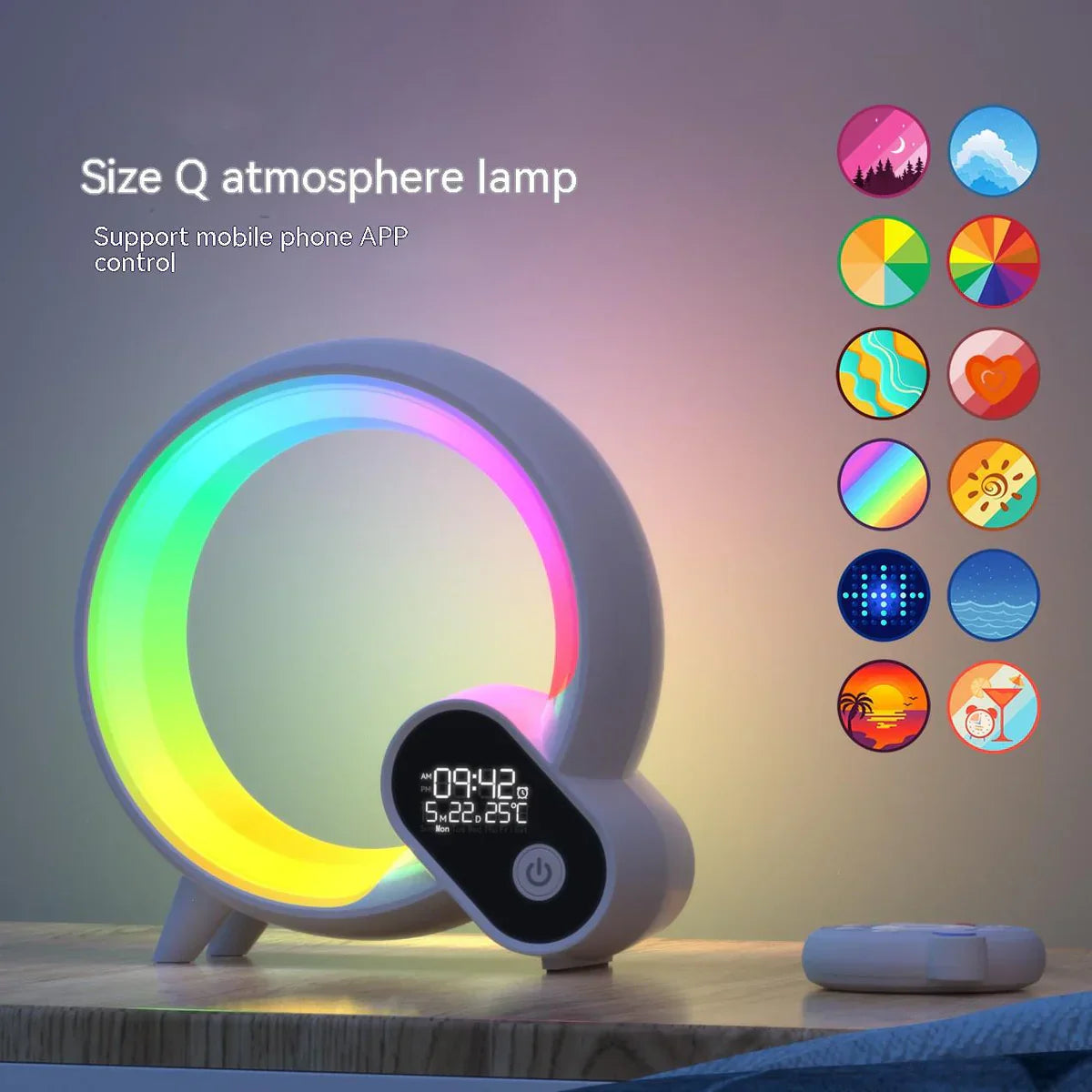 Runde LED-Stimmungsleuchte mit Farbwechsel, App-Steuerung, weißes Gehäuse, modernes Design.