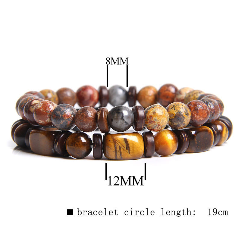 Zwei Armbänder aus Naturstein, 8mm und 12mm Perlen, 19cm Länge, Tigerauge und Jaspis.