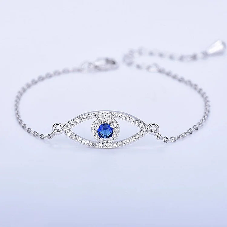 Silberarmband mit blauem Kristall, Auge-Design, Damen-Schmuck, modisch, elegant.