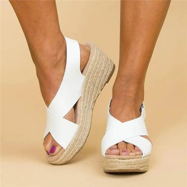 Weiße Damen-Sandalen mit Keilabsatz, Kreuzriemen, Sommerschuhe, bequem, modisch.