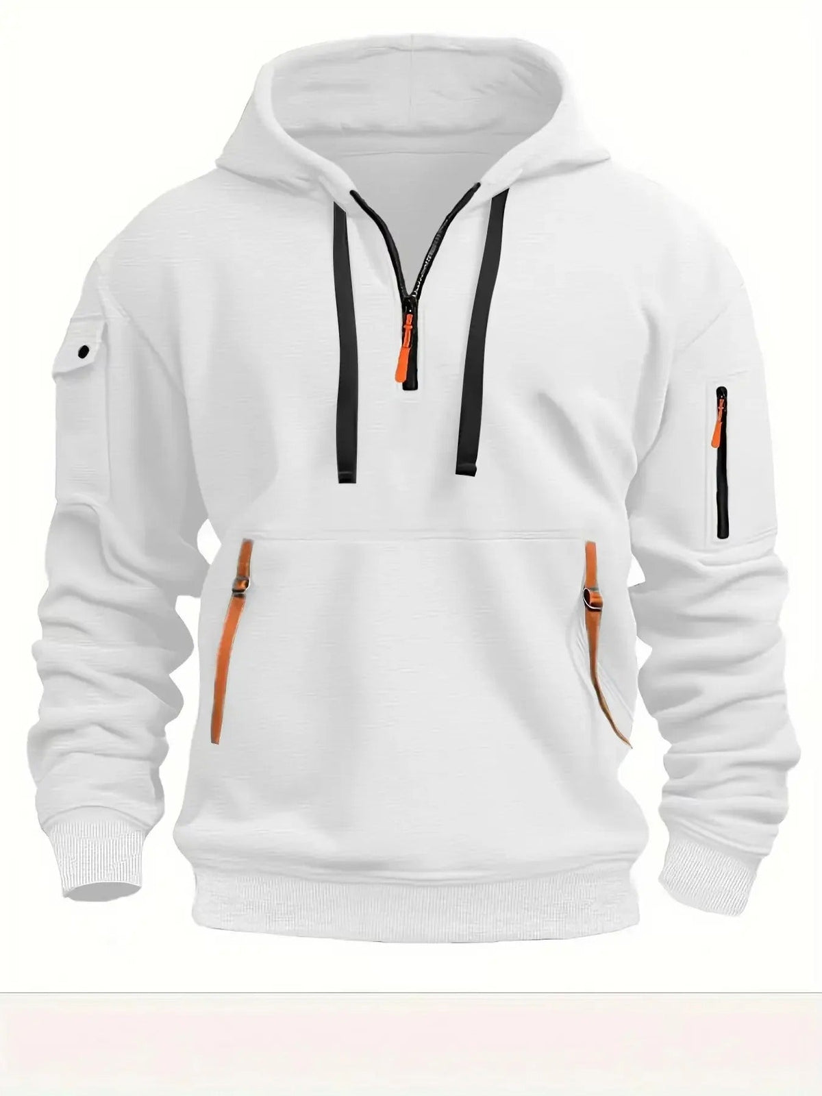 Vit hoodie sedd framifrån med halv dragkedja, svarta dragsnören, orange detaljer på fickornas dragkedjor och en ärmficka med dragkedja. 3