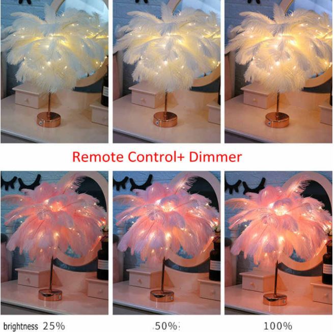 Federlampe mit Fernbedienung, Dimmer, warmweißes Licht, dekorative Tischleuchte, modern.