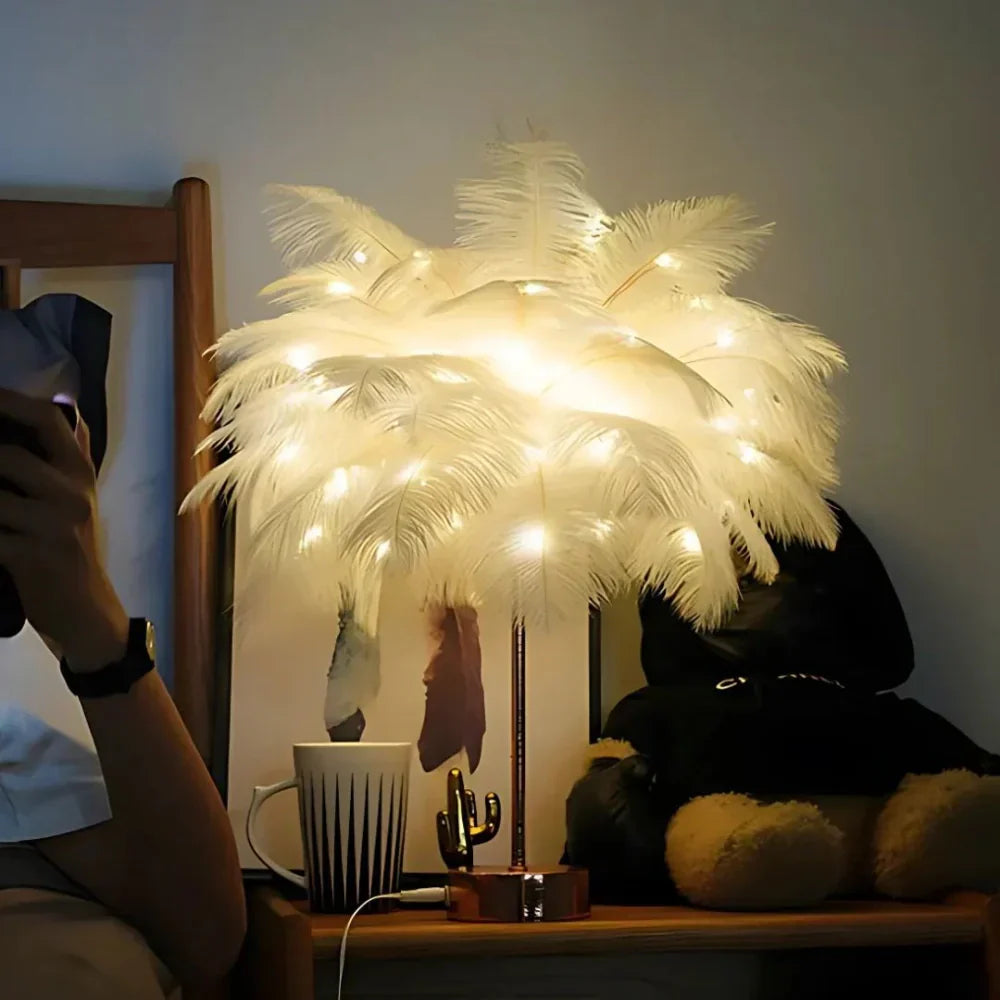 Federlampe mit LED-Lichtern, weiß, dekorativ, Tischlampe, Schlafzimmer, modernes Design.