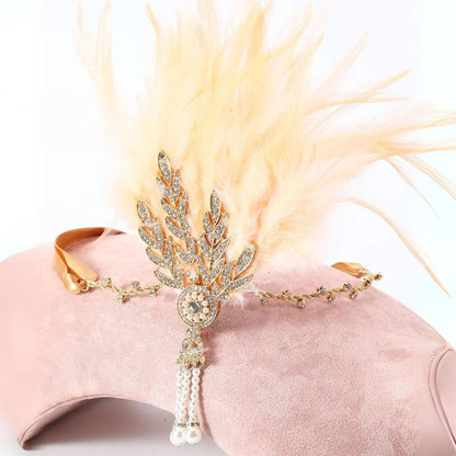 Goldenes Stirnband mit Strass und Federn, Gatsby-Stil, Vintage-Accessoire, elegant und glamourös.