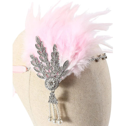 Rosa Feder-Stirnband mit Strass und Perlen, Gatsby-Stil, ideal für 1920er-Jahre-Kostüme.