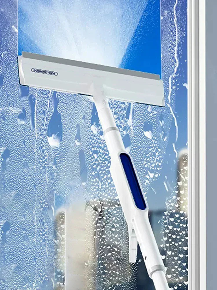 Fensterabzieher mit Teleskopstange, weiß, für streifenfreie Reinigung von Glasoberflächen.