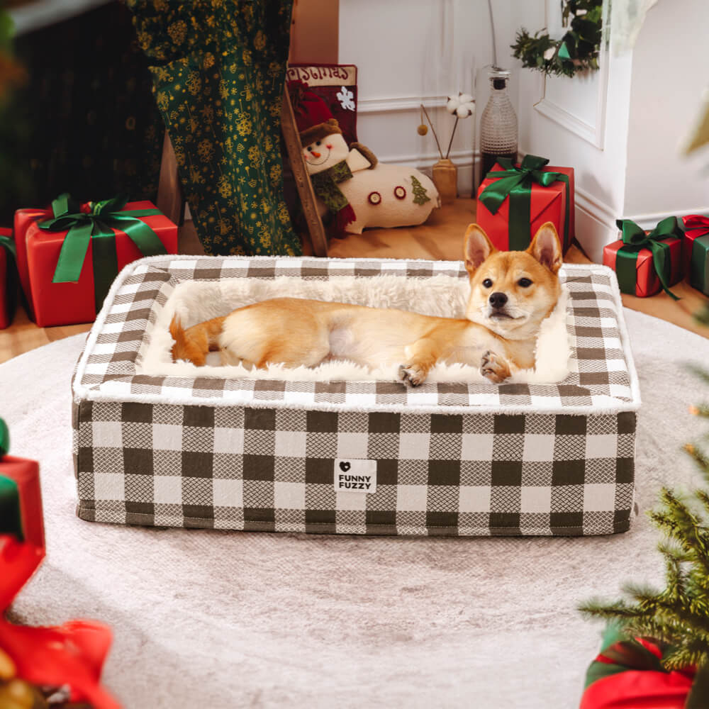 Braunes Hundebett mit Karomuster, beruhigend, XL, für Hunde, gemütlich, Anti-Angst, Wohnzimmer.