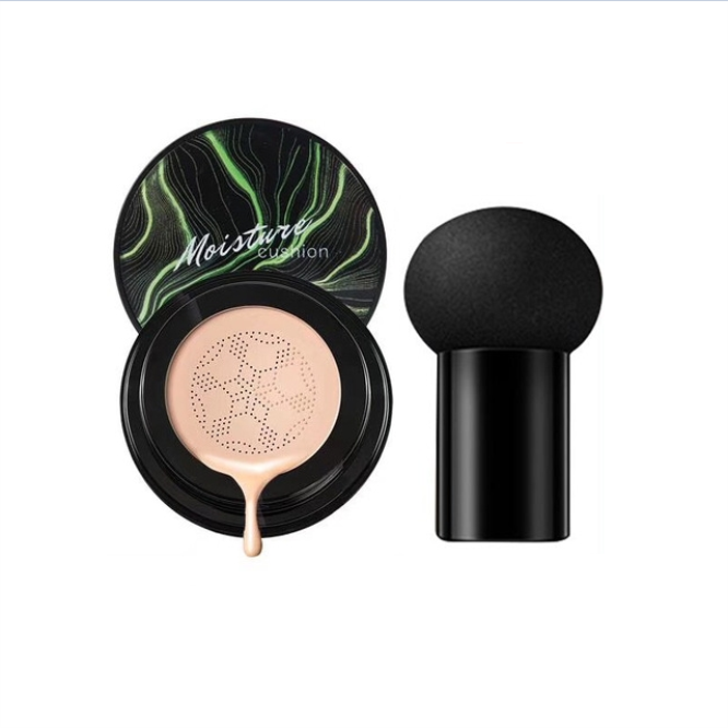 Schwarzer Make-up-Schwamm und feuchtigkeitsspendende Foundation in runder Dose, grün-schwarzes Design.