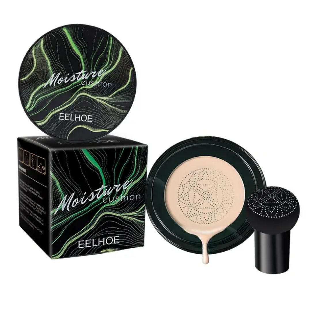 EELHOE Feuchtigkeitskissen Make-up, schwarz-grüne Verpackung, beige Applikator.