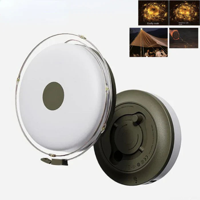 Tragbare LED-Lampe, rund, weiß, mit Solarpanel, für Outdoor-Camping und Gartenbeleuchtung.