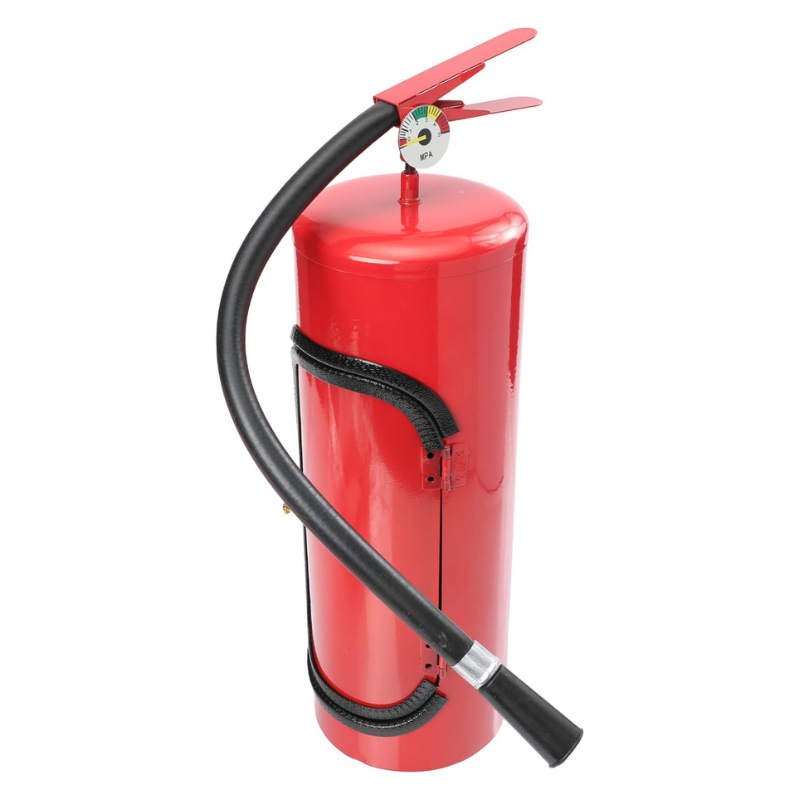 Roter Feuerlöscher mit Schlauch, Metall, Brandschutz, Sicherheitsausrüstung, Notfallgerät.
