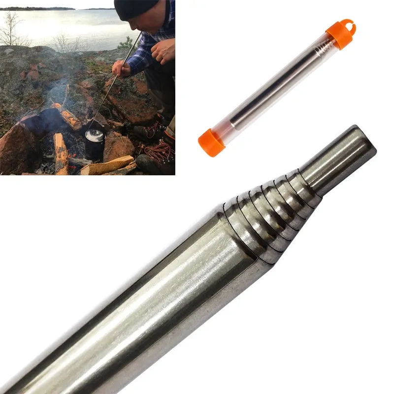 Edelstahl-Feuerbläserrohr, tragbar, für Outdoor-Camping, mit orangefarbener Schutzhülle.