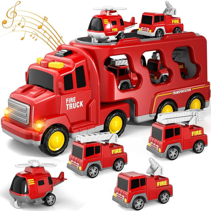Rotes Feuerwehrauto-Spielzeugset mit Hubschraubern, Musikfunktion, für Kinder.