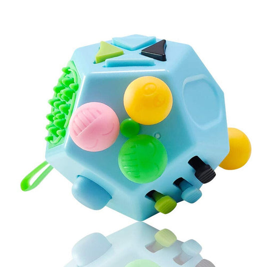 Blauer Fidget-Würfel mit bunten Knöpfen, Stressabbau-Spielzeug, sensorische Stimulation.