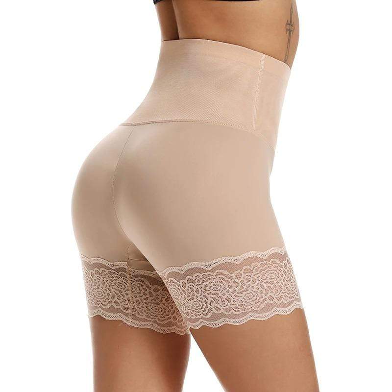 Hautfarbene, hoch taillierte Shapewear-Shorts mit Spitzenbesatz für Damen.