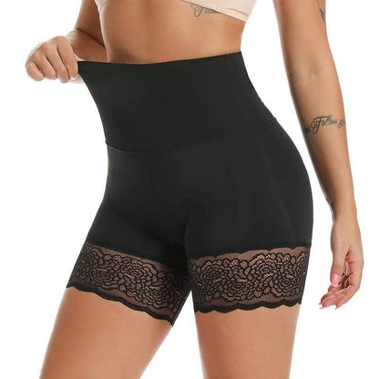 Schwarze, hoch taillierte Shapewear-Shorts mit Spitze für Damen, figurformend.