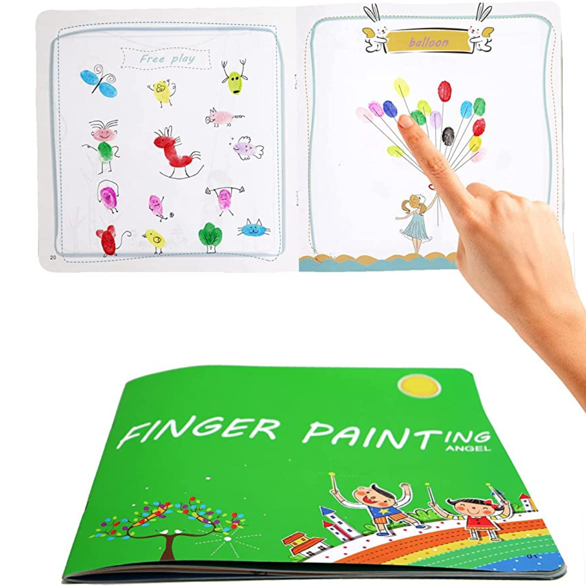 Fingerfarben-Buch für Kinder, grün, mit bunten Zeichnungen, pädagogisches Spielzeug.