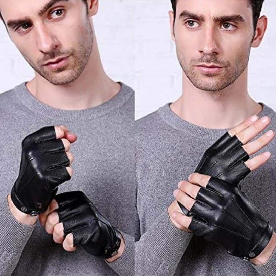 Mann mit schwarzen Lederfingerlosen Handschuhen, modisches Accessoire, stilvoller Look.