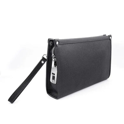 Herrarnas äkta läder businessclutch med fingeravtryckslås – svart