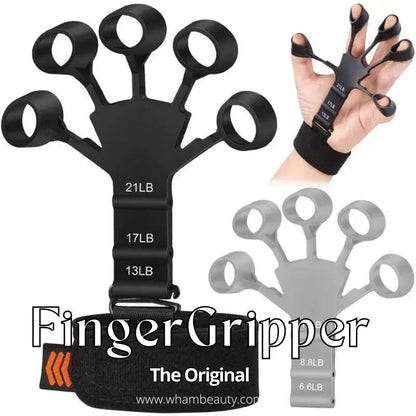 Schwarzer Fingertrainer, verstellbar, für Handkrafttraining, mit Gewichtsangaben, Fitnessgerät.