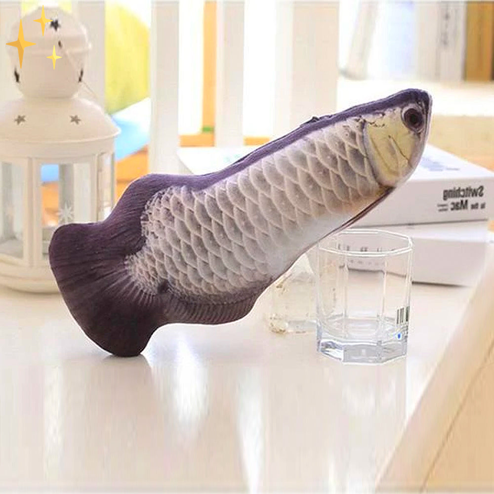 Katzenkissen in Fischform, realistisch, grau-weiß, Plüschspielzeug, Dekoration.