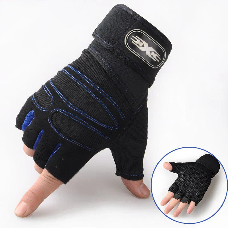 Schwarzer Fitness-Handschuh mit blauen Nähten, gepolstert, für Krafttraining und Gewichtheben.