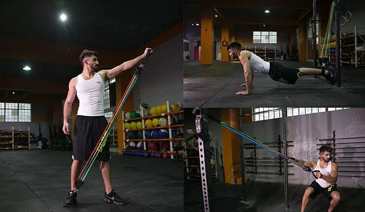 Mann trainiert mit Fitness-Widerstandsbändern im Fitnessstudio, Krafttraining, Sportbekleidung.