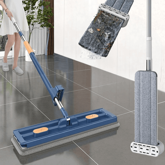 Flachmopp mit 360°-Drehung, blau, für Bodenreinigung, Mikrofaser, ergonomischer Griff.