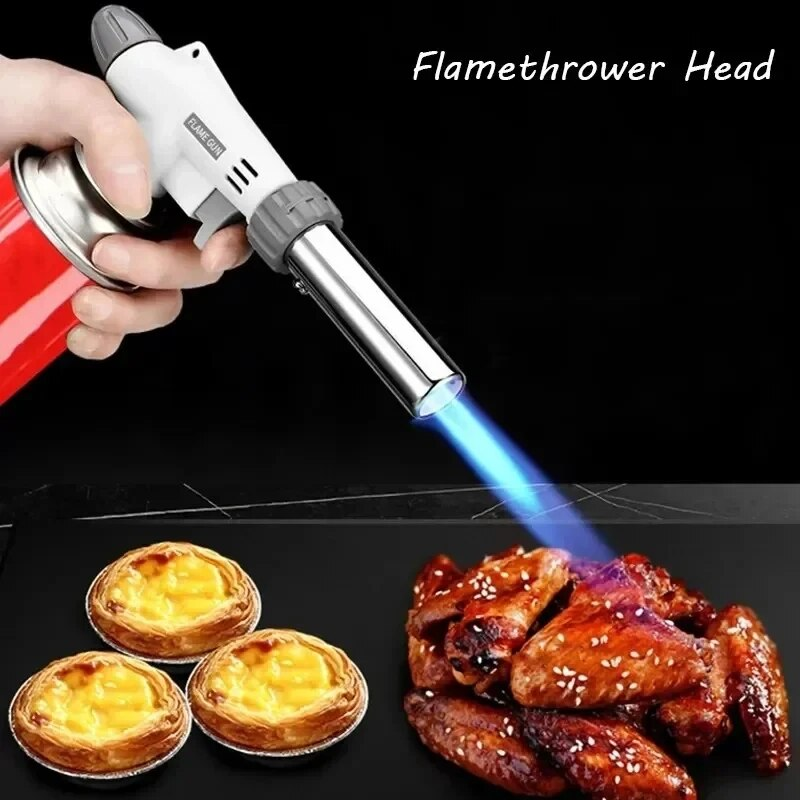 Gaskocher Flammenwerfer Kopf, Edelstahl, für Küche, BBQ, mit blauer Flamme, rote Kartusche.