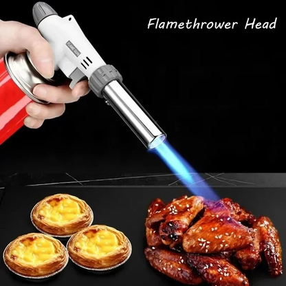 Gaskocher Flammenwerfer Kopf, Edelstahl, für Küche, BBQ, mit blauer Flamme, rote Kartusche.