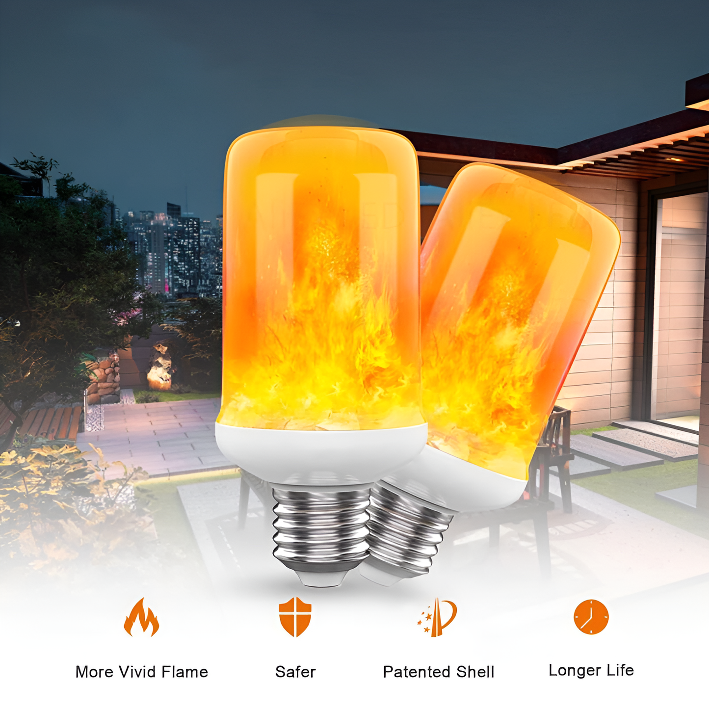 LED-Flammenlampe, E27, orange, realistische Flammeneffekte, energiesparend, für Innen- und Außenbereich.