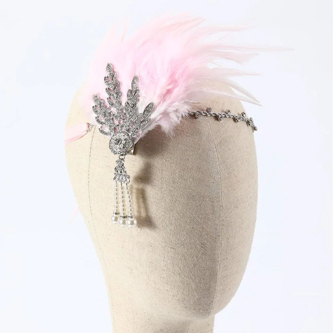 Rosa Feder-Stirnband mit Strassverzierung, Gatsby-Stil, Vintage-Accessoire, Damenmode.