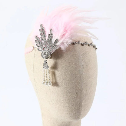Rosa Feder-Stirnband mit Strassverzierung, Gatsby-Stil, Vintage-Accessoire, Damenmode.