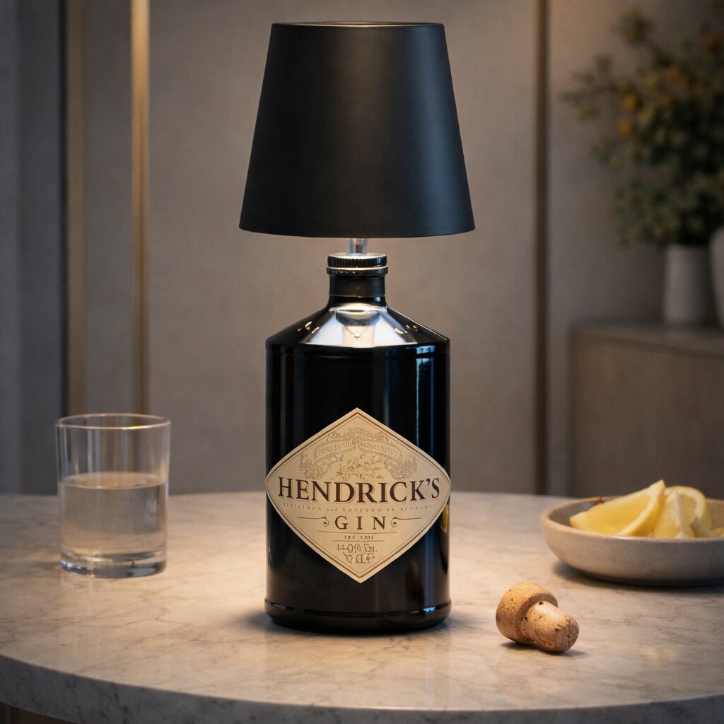 Svart flasklampa på en mörk glasflaska på ett marmorbord med vattenglas, citronskivor och en korkpropp 9