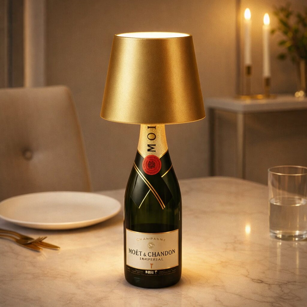 Guldfärgad flasklampa på en champagneflaska på ett marmorbord med tallrik, bestick, glas och levande ljus 17