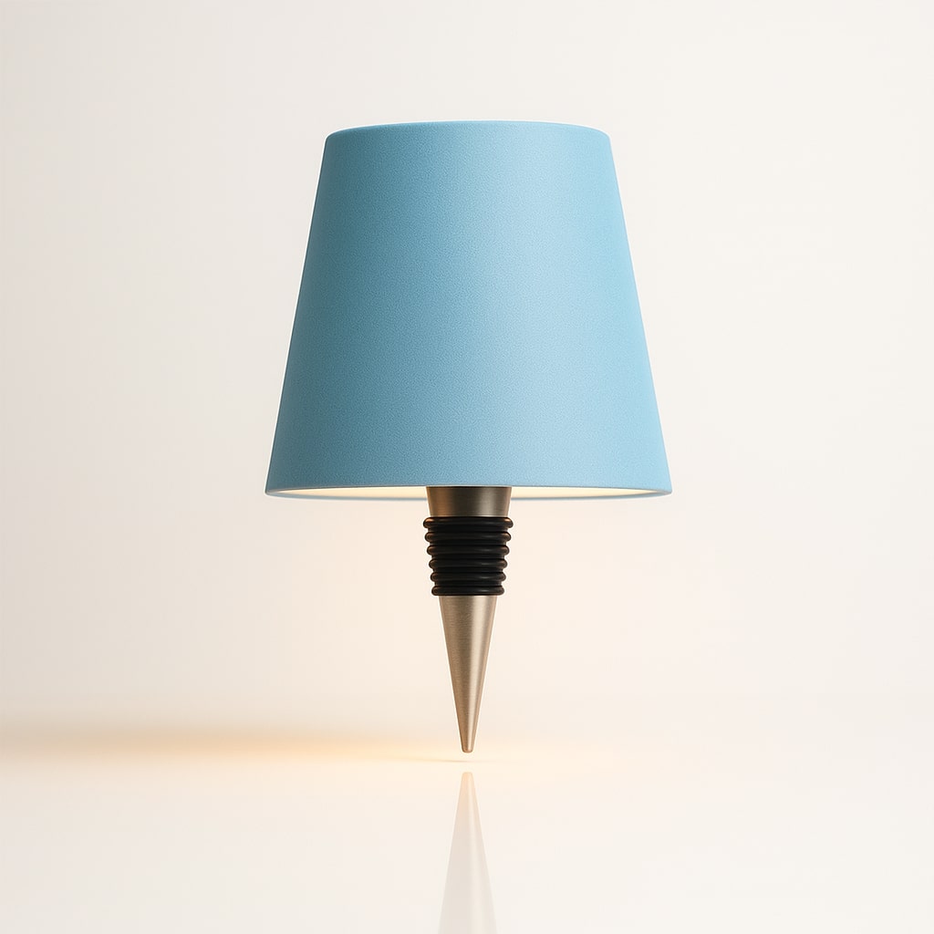 Ljusblå lampskärm med silverfärgad flaskpropp och svarta gummiringar mot ljus bakgrund 20