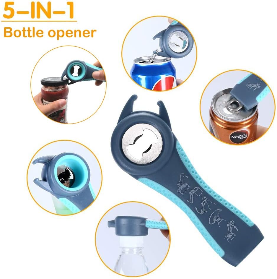 5-in-1 Flaschenöffner, blau, multifunktional, für Dosen und Flaschen, ergonomisches Design.