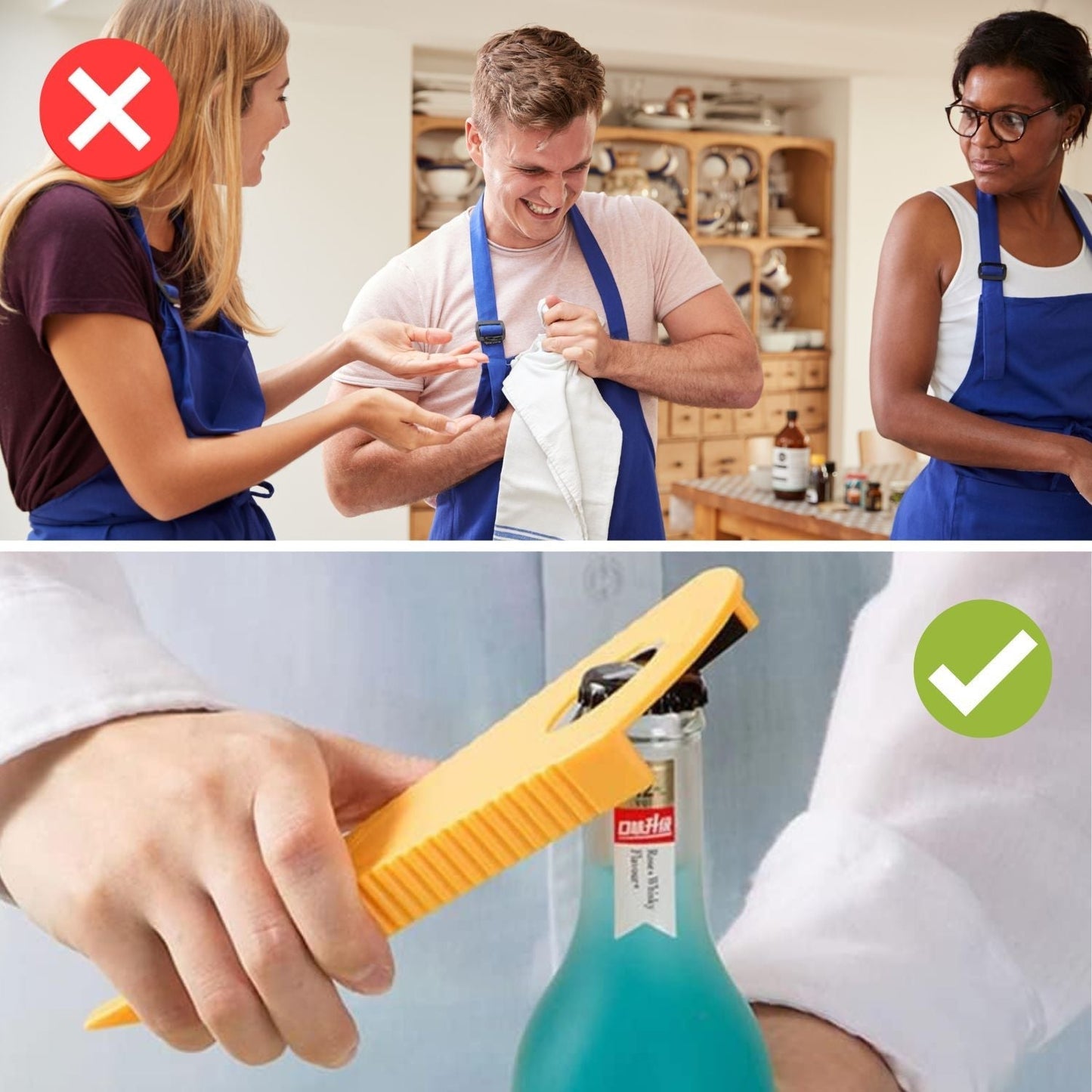 Person öffnet Flasche mit gelbem Flaschenöffner, Küche, blaues Getränk, praktische Küchenhilfe.